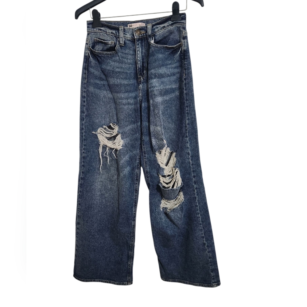 SO Super High Rise 90s Wide Leg Baggy Distressed Jeans Medium Wash Denim 3 26